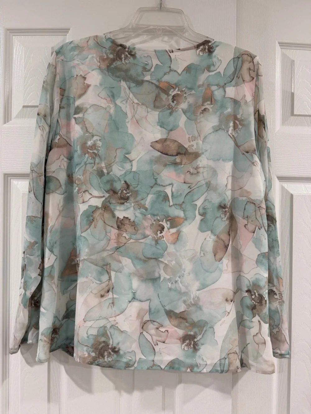 Calvin Klein Sheer Aqua Floral Ruched V-Neck Blouse - Picture 5 of 7